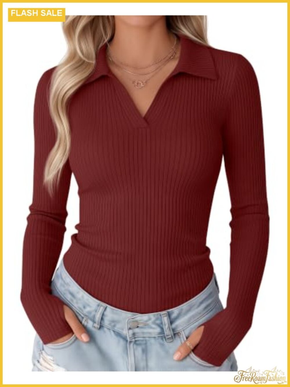Womens Long Sleeve Ribbed V-Neck Polo Shirt Fitted Top Thumbhole
